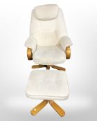 A bentwood swivel armchair and matching footstool in oatmeal coloured fabric