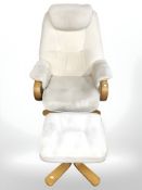 A bentwood swivel armchair and matching footstool in oatmeal coloured fabric