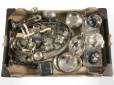 A group of EPNS wares including gallery trays, pair of candlesticks, napkin rings, etc.