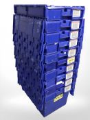 Ten plastic stackable storage boxes with folding lids,