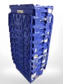 Ten plastic stackable storage boxes with folding lids,