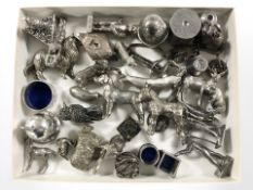 A quantity of miniature silver plated animal ornaments and similar items.