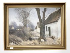 Bertel Nielsen : Chickens by a white cottage, oil on canvas, 69 cm x 49 cm.