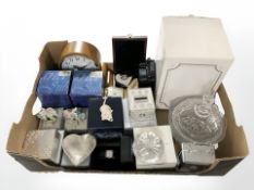 A lead crystal bowl and cover, quartz time pieces, money box, Border Fine Arts figure of a westie,