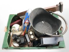 Miscellaneous wares including an oak barometer, a pair of Canadian military binoculars dated 1943,