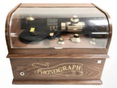 An electronic phonograph-style music player.