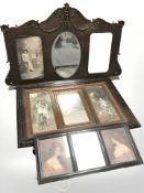 Two Victorian overmantle mirrors incorporating lithographic prints and a further wall mirror,