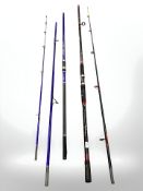 An Outlaw 12ft beach rod together with Symbios Caperlan three piece carbon fishing rod