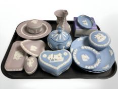 A collection of Wedgwood blue and lilac Jasperware.