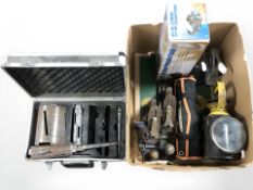 A group of Stanley and Record woodworking planes, water pressure pump, antique lamp,