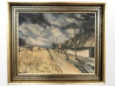 Continental School : Figure on a road by a barn, a colour print on canvas, 50 cm x 40 cm.