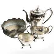 An EPNS three piece tea service and a further bowl.