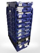 Ten plastic stackable storage boxes with folding lids,