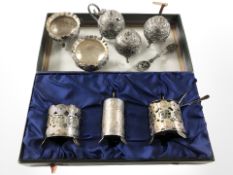 A Chinese silver cruet set, stamped 85, together with a further Eastern white metal cruet set,