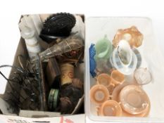 A glass lustre part tea set, carnival glass bowl, assorted decorative wares.