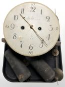 A 19th century continental long case clock movement, with two weights and pendulum.