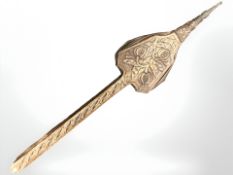 A large set of carved oak and leather fire bellows, length 116 cm.