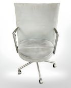 A Danish Erik Jorgensen designed Partner chrome framed executive swivel armchair in pale blue suede