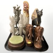 A group of animal statues, two ceramic figures of Eastern deities, etc.
