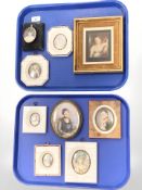 A group of portrait miniatures, some with bone veneered frames together with a jewellery box,