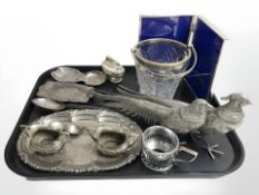 A group of silver plated dishes, pairs of pheasant ornaments, bi-fold photograph frame,
