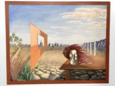 Derek Wilson (1955-2024) Surrealist landscape with head, oil on canvas,