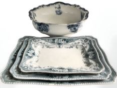 Three 19th century graduated transfer printed meat plates and a blue and white wash basin,