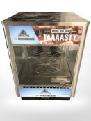 A commercial stainless steel pizza warming cabinet,