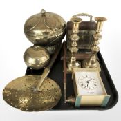 A Victorian oak and brass correspondence rack, pair of candlesticks, two Indian lidded vessels,