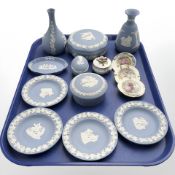 Several Wedgwood blue and white Jasperware pin dishes, trinket boxes,