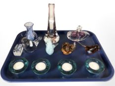 Various glass bird paperweights including Wedgwood, Caithness glass vase, four tealight holders,