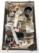A quantity of costume jewellery, gold plated pieces, earrings, bead necklaces, faux pearls, etc.