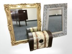 A reproduction gilt framed mirror, length 75 cm, a further painted mirror and a domed storage box.