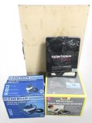 Two boxed wall paper strippers, roller trays, brush,