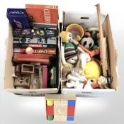 A collection of board games, wooden puzzle blocks, recorder, children's soft toys, etc.