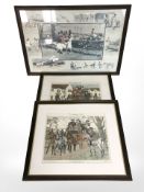 A colour print after Snaffels, 45 cm x 68 cm, together with a further pair of coaching prints.