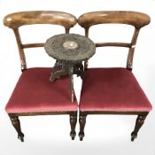 An Anglo Indian bone inlaid tripod occasional table and a pair of dining chairs.