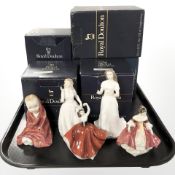 Five boxed Royal Doulton figurines including Southern Belle, This Little Pig, etc.