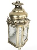 An early 20th century brass and textured glass hanging lantern, height 41 cm.
