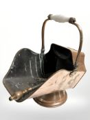 A Victorian copper coal receiver and companion pieces, length 41 cm.