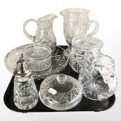 A group crystal jugs, fruit bowl, lidded pots,