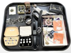 A group of costume jewellery, two cased sets of dress studs, wristwatches, Chinese silver brooch,