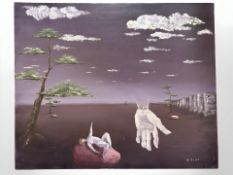 Derek Wilson (1955-2024) A surrealist landscape with hand and figure, oil on canvas,
