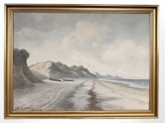 B Johansen : Boats on a beach at low tide, oil on canvas, 62 cm x 45 cm.