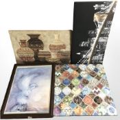 Three contemporary wall canvases and a further print.