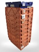 Ten plastic stackable storage boxes with folding lids,