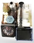 A group of candles, lanterns, granite place mats, quartz wall clock, candle stand,