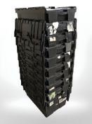 Ten plastic stackable storage boxes with folding lids,