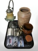 A reproduction table lamp with two tone glass shade, stainless steel hip flasks,