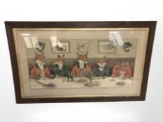 After Harry B. Neilson : A group of foxes at a dining table, colour lithograph, 33 cm x 69 cm.